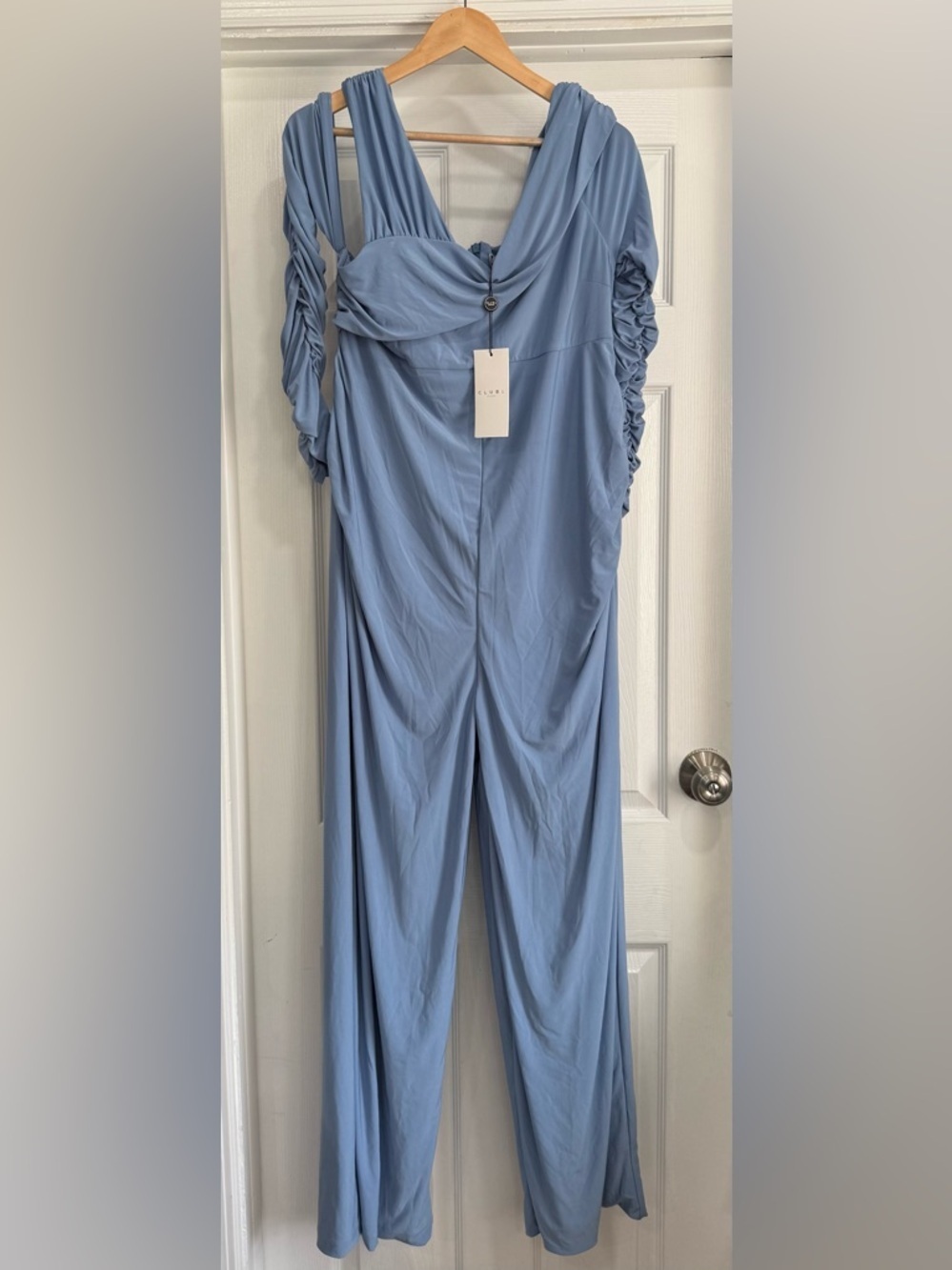 Club L London Dusty Blue Wide-Leg Jumpsuit with Ruched Shoulders